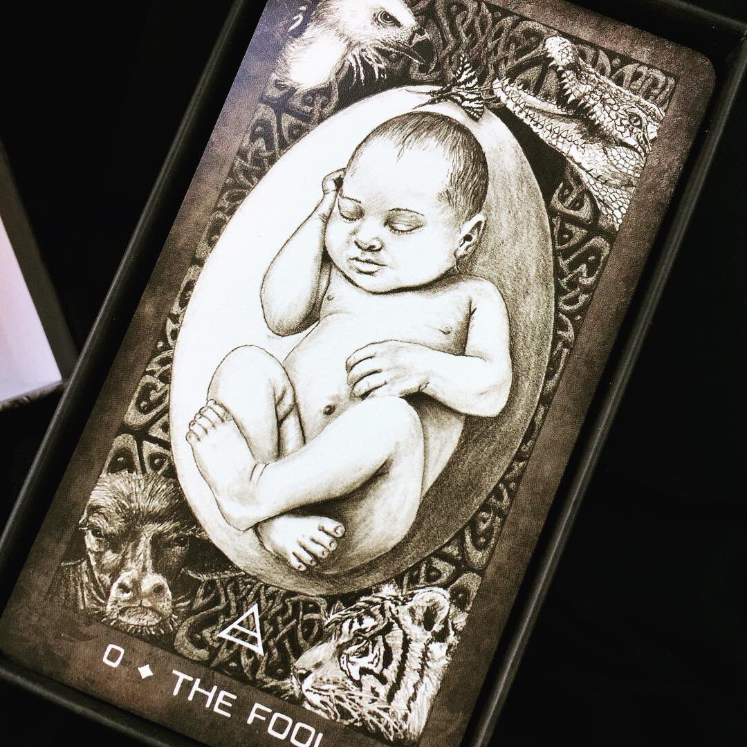 Had to buy a deck on the fly because I forgot mine and I have a reading. Opened it up to this incredible Fool. The miracle of life!