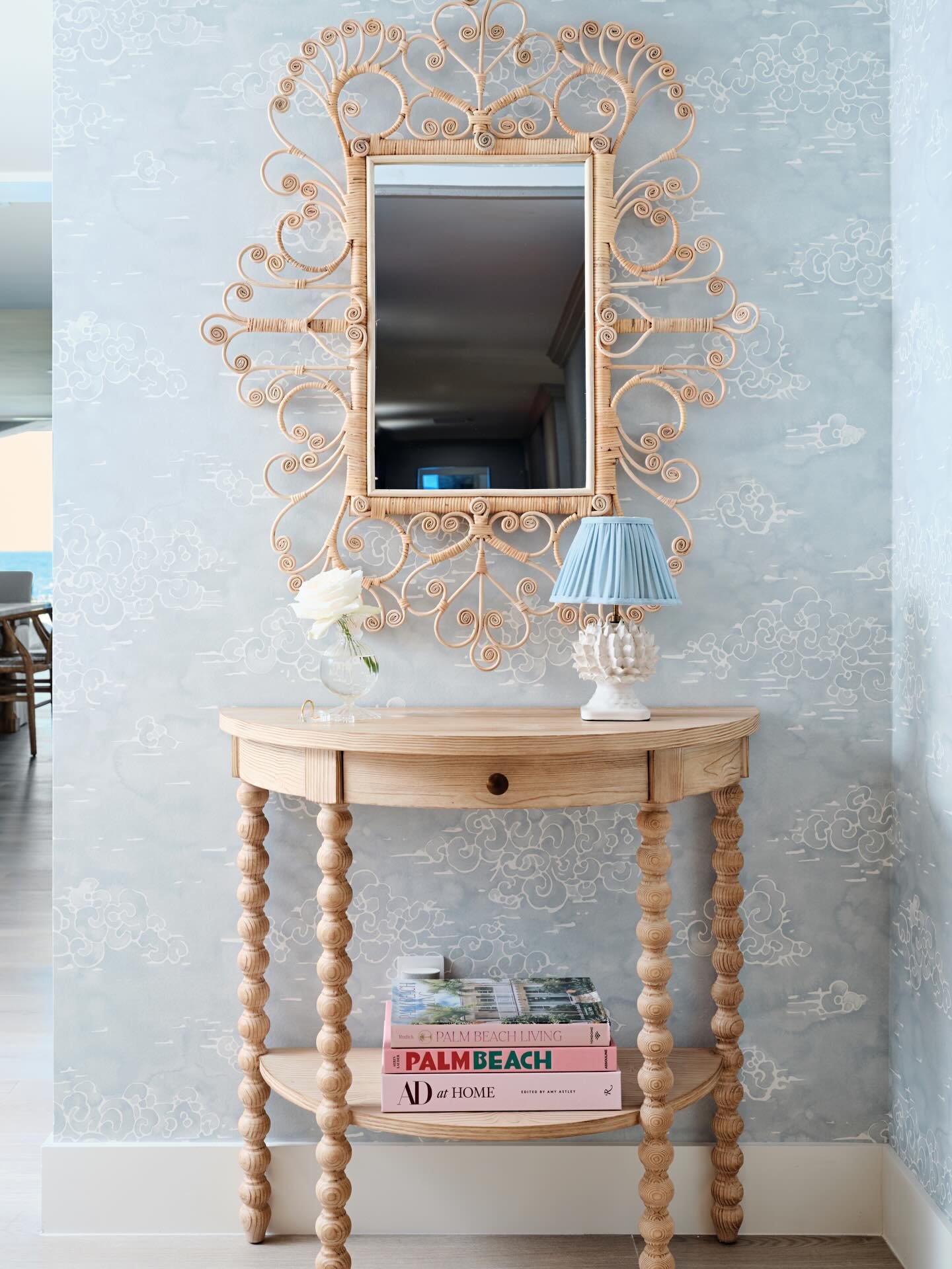 We love an entry way that makes you pause, especially one with a fabulous vintage mirror and gorgeous wallpaper! 
&bull;
Designer: @whitandwell.interiors 
Photographer: @dancutronaphoto 
&bull;
#entrywaydesign #entrywaydecor #coastaldesign