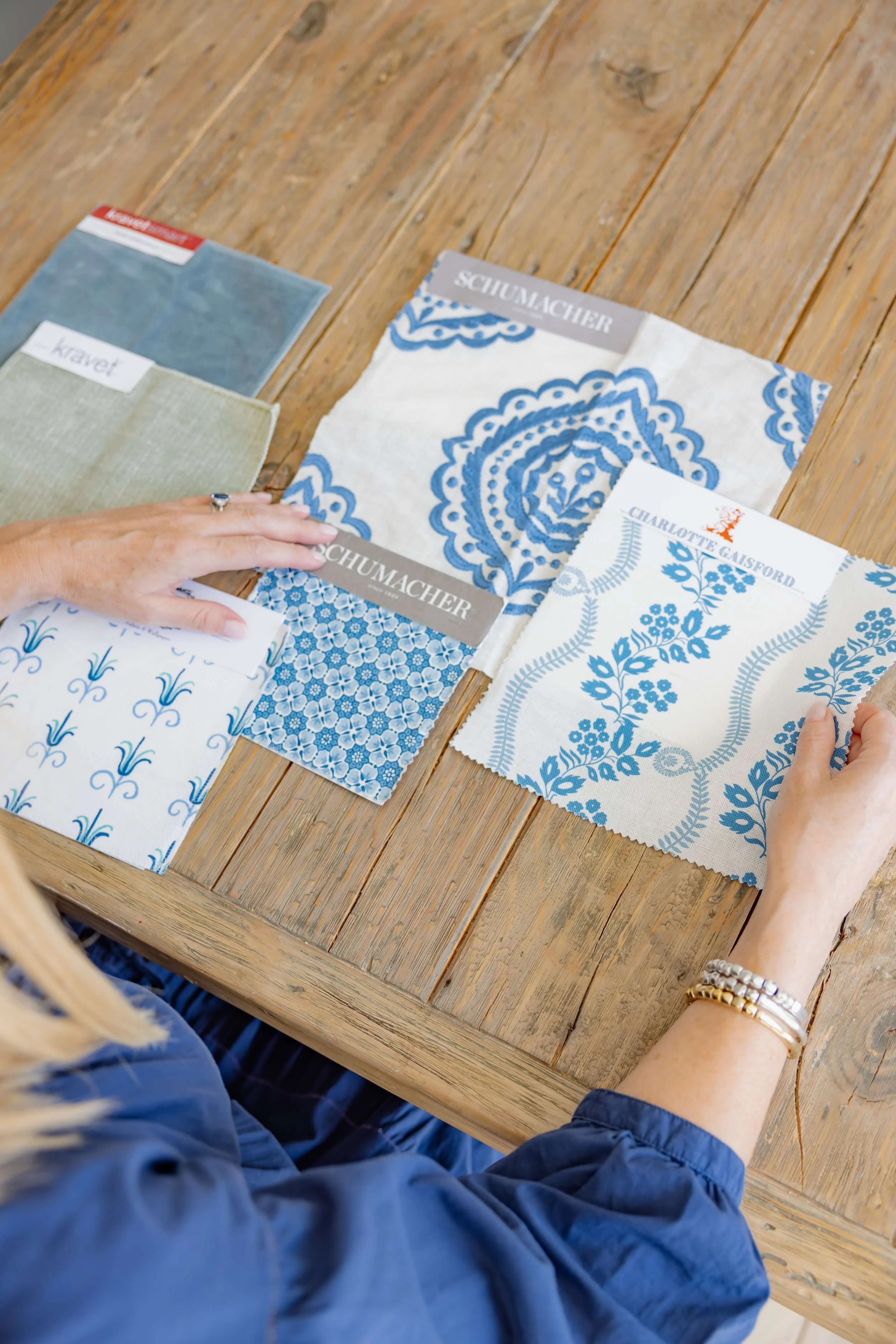 Whit & Well, Full-Service Interior Design mood board of coastal blue wallpaper and fabric.