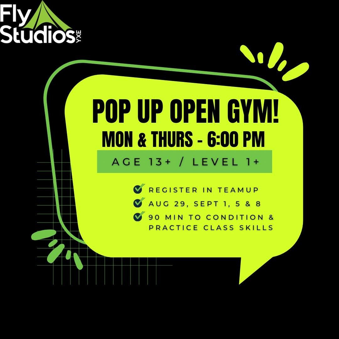 ⭐️⭐️⭐️ Starting Tomorrow! ⭐️⭐️⭐️

MONDAY &amp; THURSDAY &bull; 6:00-7:30 PM
AUG 29th &bull; SEPT 1st &bull; 5th &bull; 8th

Open Gym is a self-directed Aerial Silks training time for students to practice climbs, skills, flexibility, choreography or j