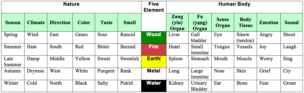 5 Elements Food Chart