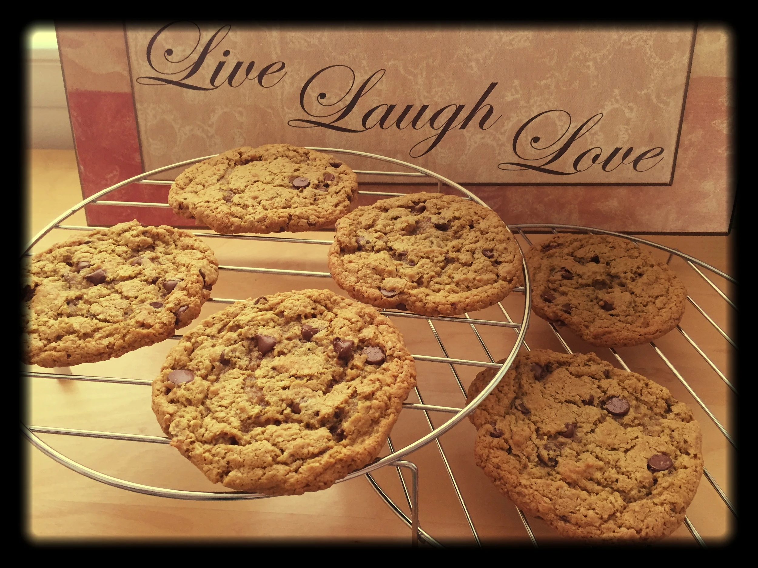   Oat'n'sun chocolate chip cookies!   These are my monster oatmeal, sunbutter, and chocolate chip cookies.&nbsp; They feel healthier when you are eating them due to the flaxseed/oatmeal combo.&nbsp; No worries on them being a little underdone...there