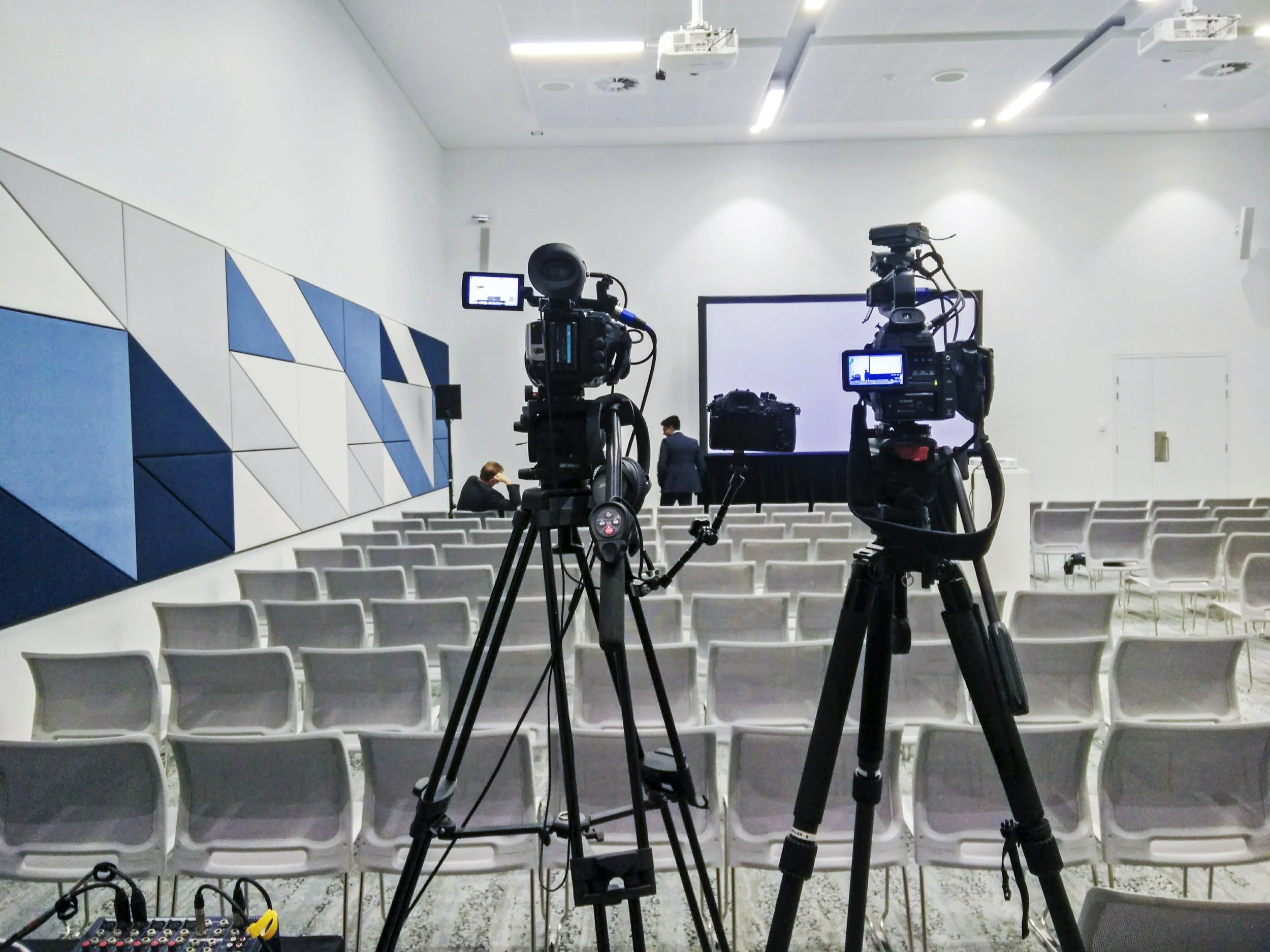 Behind the scenes of equipment getting set up for filming a conference in Sydney.