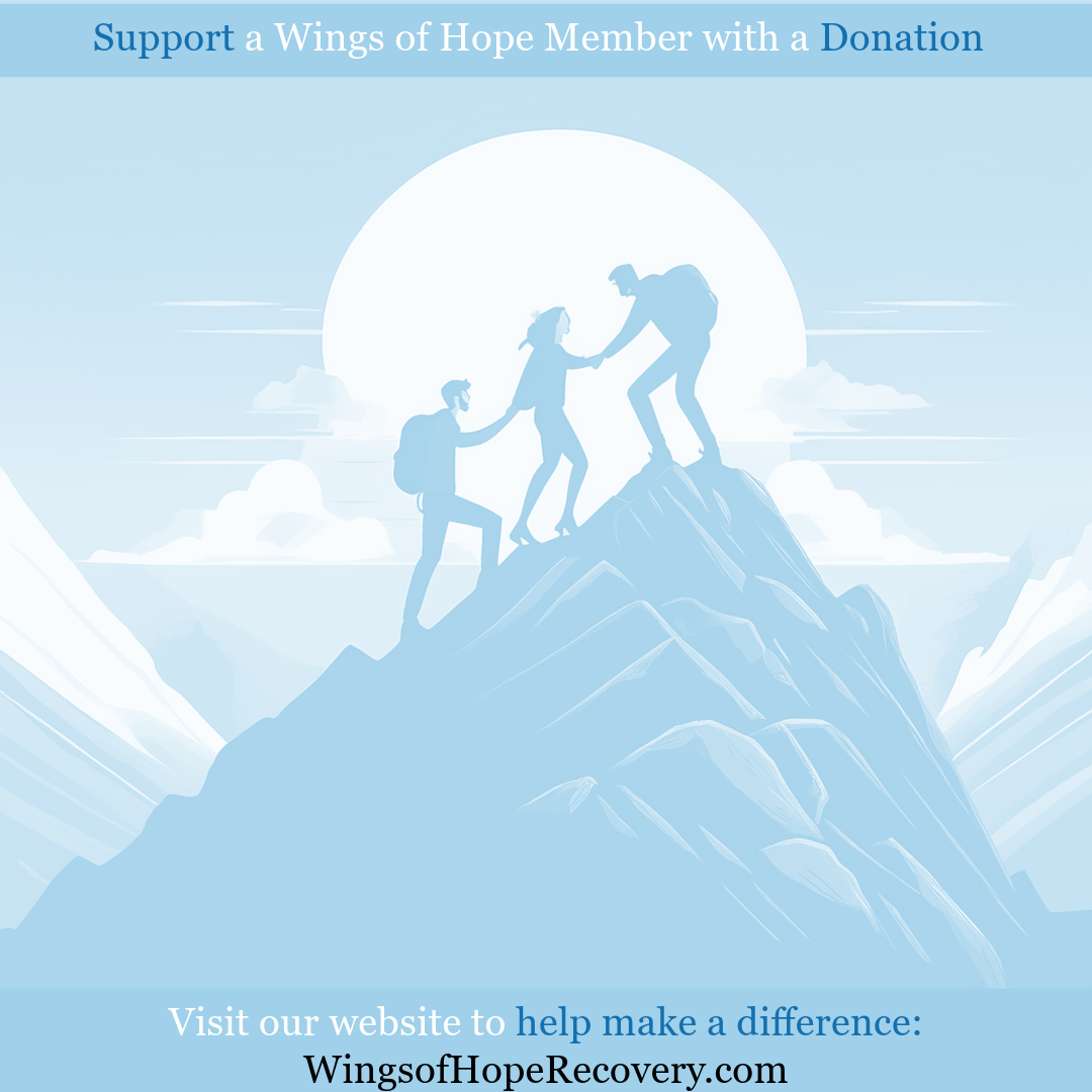 Illustration of three people climbing a mountain peak during sunrise, promoting "Wings of Hope" donation support with a website link.