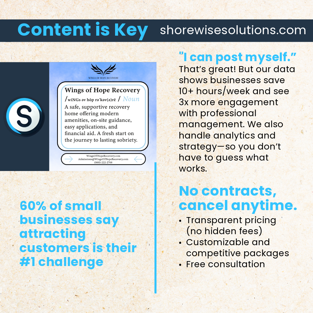 Promotional flyer for Shorewise Solutions featuring Wings of Hope Recovery service, highlighting content management benefits, stating 60% of small businesses struggle to attract customers, offering no contracts and free consultation, and showcasing website ShorewiseSolutions.com.
