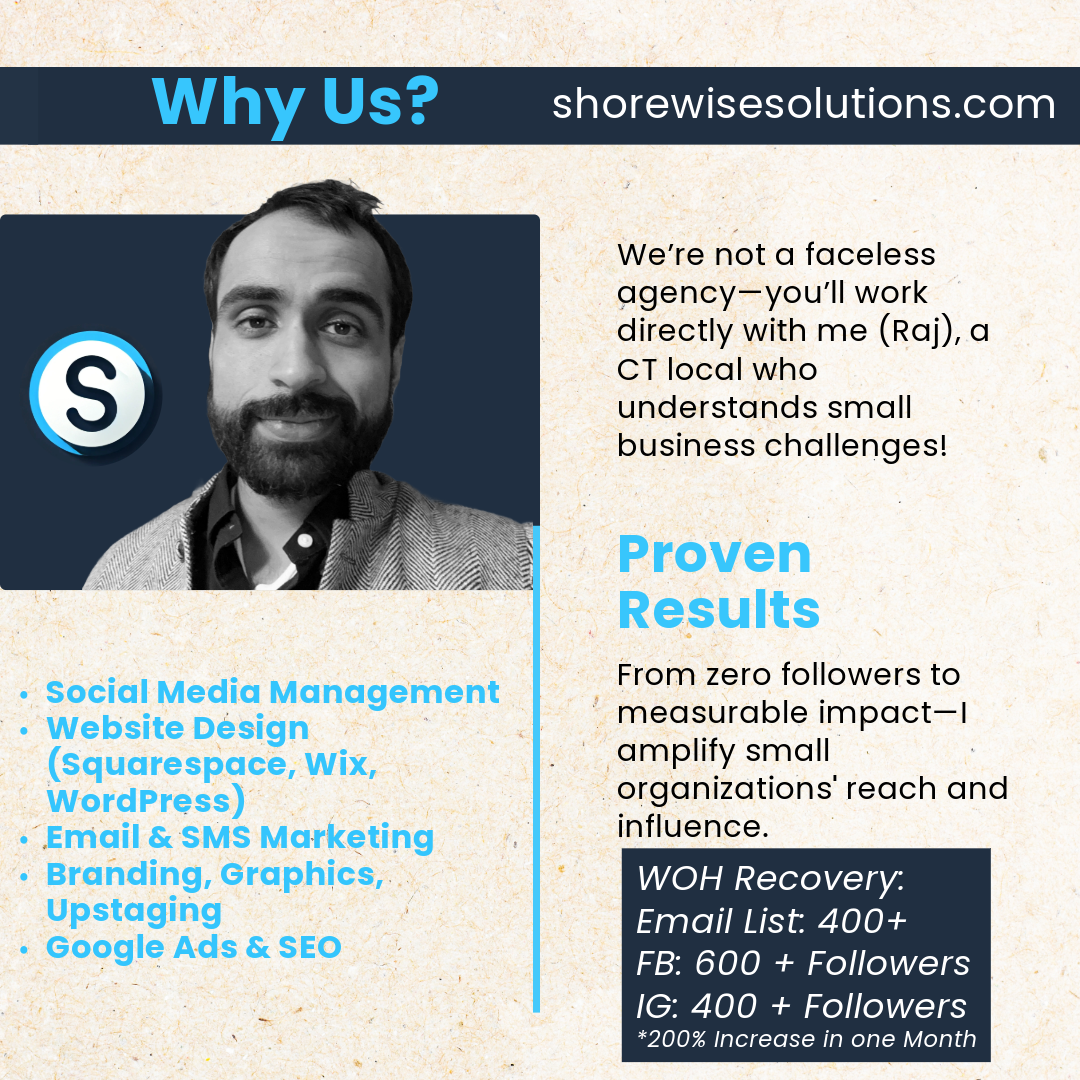Promotional graphic for Shorewise Solutions featuring a person on the left. The text highlights services such as social media management, website design, email and SMS marketing, branding, graphics, and Google Ads & SEO. It emphasizes direct work with a local from CT and proven results in growing online presence, listing specific follower growth statistics.