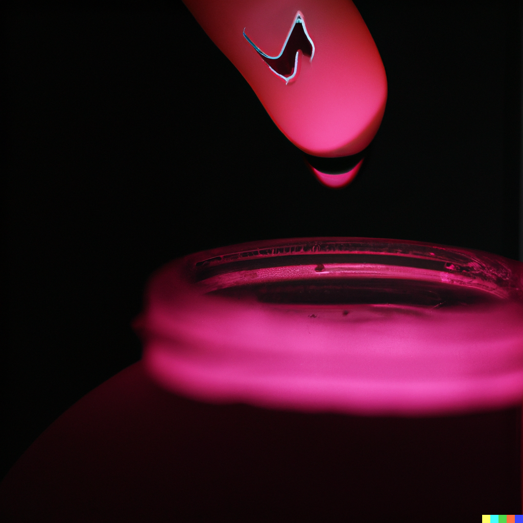 DALL·E 2022-06-14 22.16.27 - photo of finger tip with a small drop of neon pink liquid and inside the liquid is a nike logo reflection.png