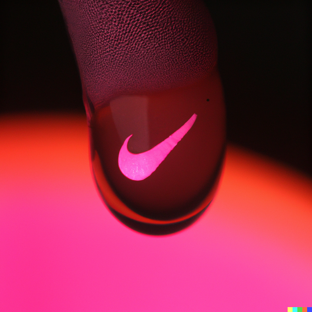 DALL·E 2022-06-14 22.17.32 - photo of a finger tip with a small drop of neon pink liquid on it, and in the liquid is a reflection of a nike logo.png