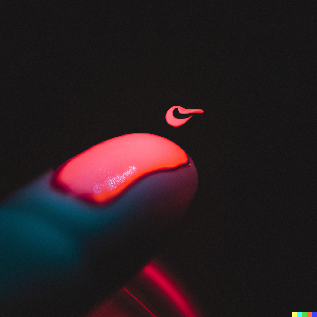 DALL·E 2022-06-14 22.17.34 - photo of a finger tip with a small drop of neon pink liquid on it, and in the liquid is a reflection of a nike logo.png