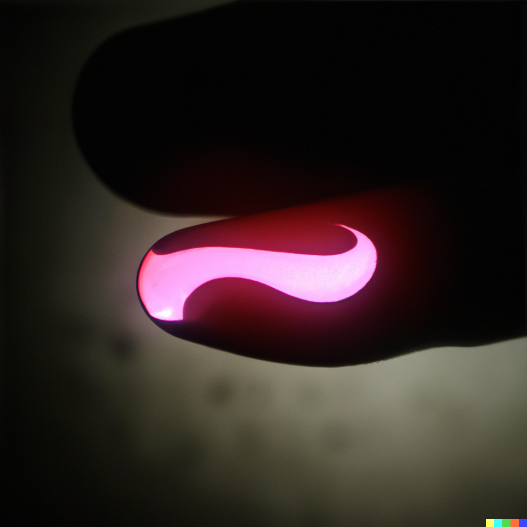 DALL·E 2022-06-14 22.17.41 - photo of a finger tip with a small drop of neon pink liquid on it, and in the liquid is a reflection of a nike logo.png