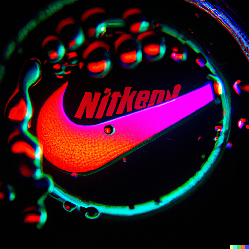 DALL·E 2022-06-14 22.25.35 - fisheye lens photo of neon drops of liquid and inside is a nike logo reflection.png