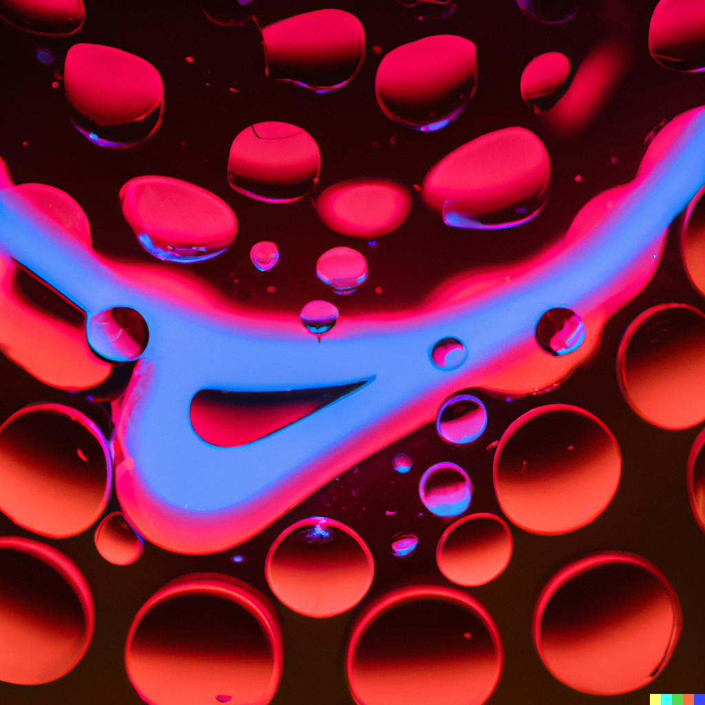 DALL·E 2022-06-14 22.26.22 - neon drops of liquid and inside is a nike logo reflection, wide angle.png
