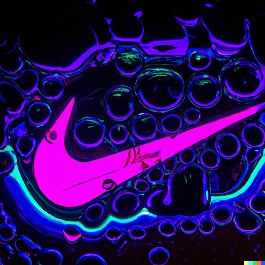 DALL·E 2022-06-14 22.26.24 - neon drops of liquid and inside is a nike logo reflection, wide angle.png