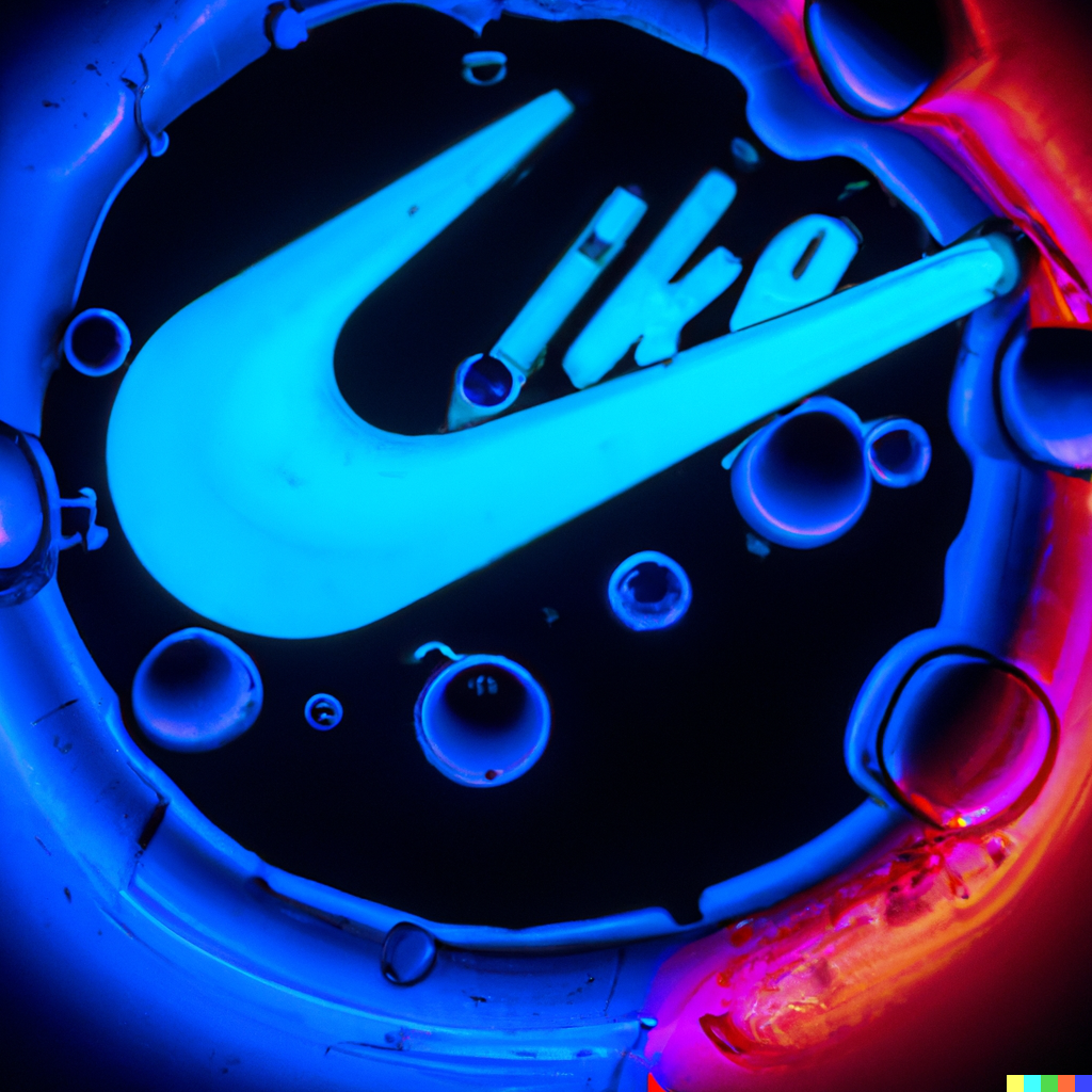 DALL·E 2022-06-14 22.26.29 - neon drops of liquid and inside is a nike logo reflection, wide angle.png