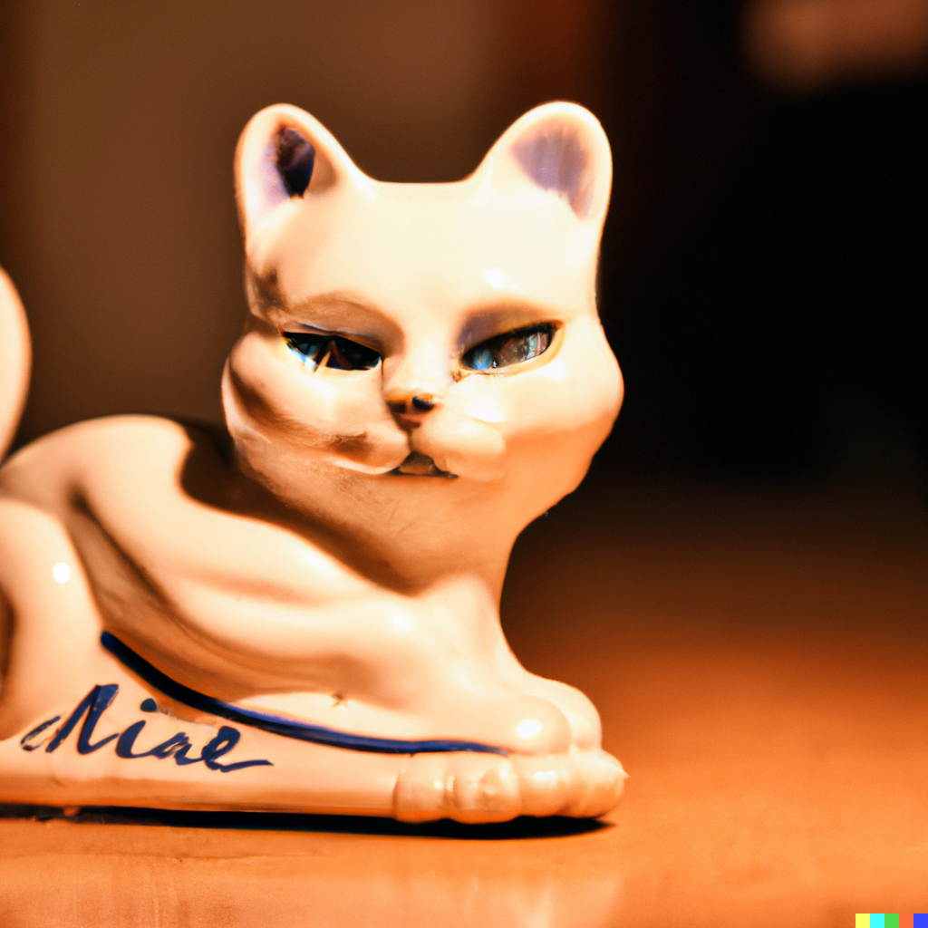 DALL·E 2022-06-14 22.44.48 - photo of cute antique porcelain cat with nike logo, warm lighting.png