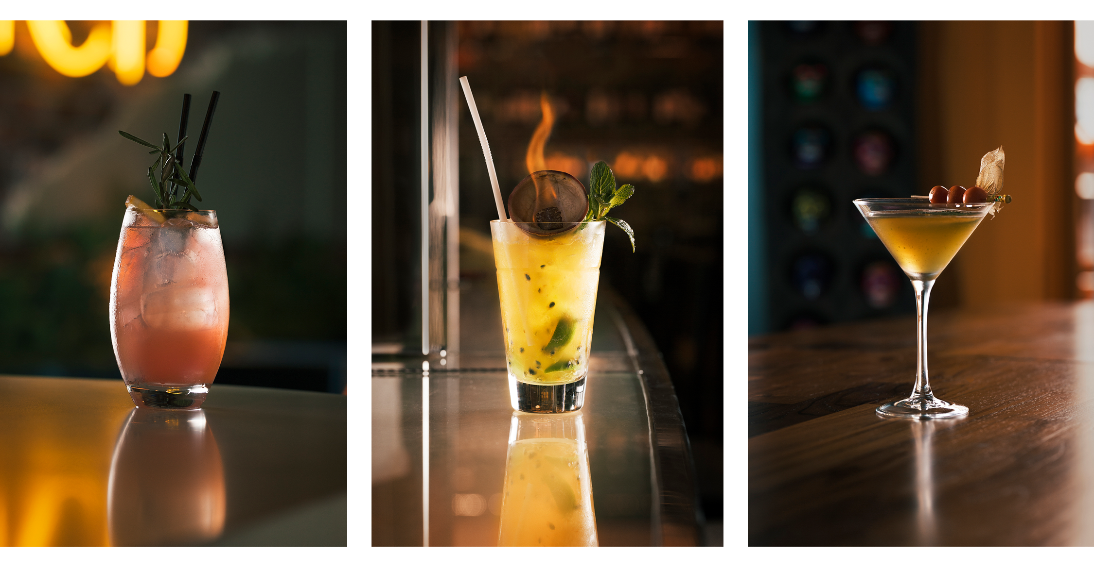 Feelin’ Peachy by Monte Carlo Boys (Left), Passionfruit Caipirinha by Post Bar (Center), Machetazo Oro by Casa Poncho (Right)