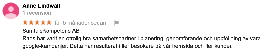 Recension av en nöjd kund på Google reviews kan boosta din landningssida