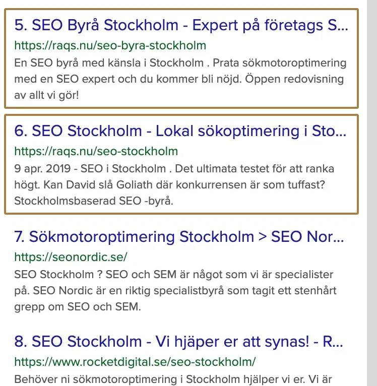 Placering över söktermen SEO Stockholm 190909.