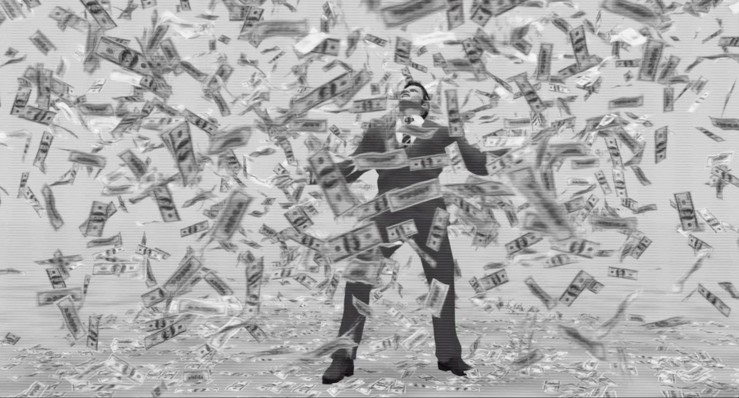 Greedy businessman avatar in a tornado of dollar. Only the Craftory would show this.