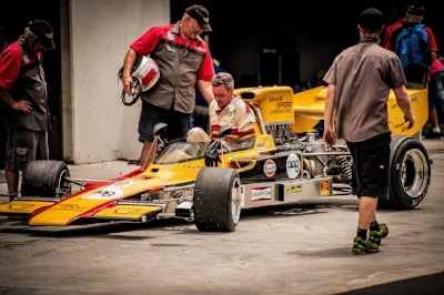 Pedaling a Lola T330 with his dad