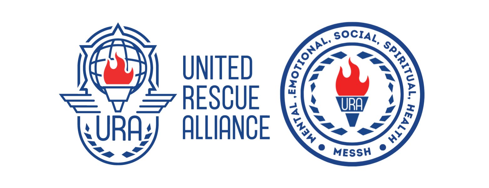 Logos of United Rescue Alliance, featuring a torch with a flame, the globe, and text indicating emotional, mental, social, spiritual health