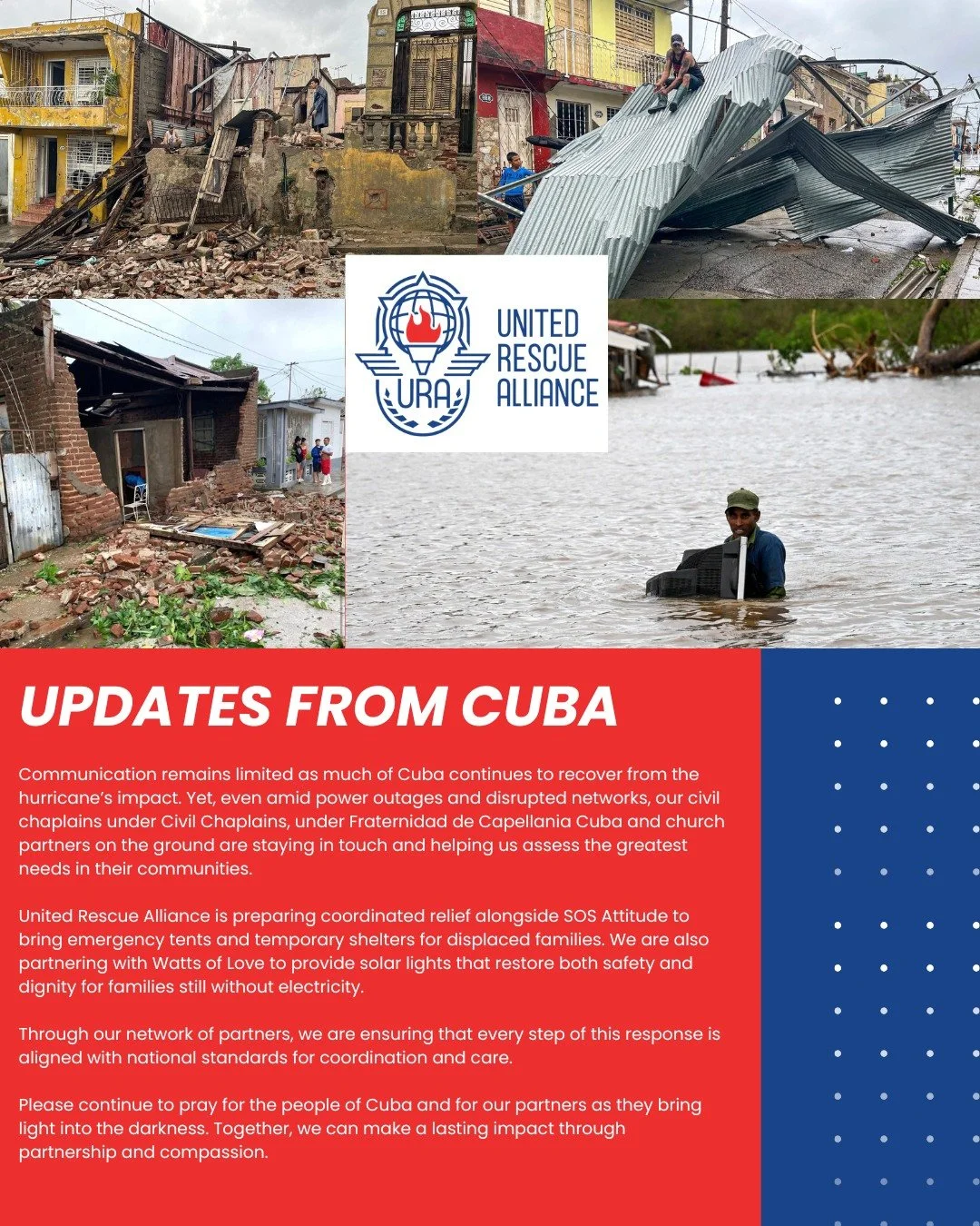 🇨🇺 UPDATES FROM CUBA
Our civil chaplains under Civil Chaplains, under Fraternidad de Capellania Cuba, and church partners in Cuba continue to serve faithfully in the aftermath of the hurricane, even as communication and power remain limited. Throug