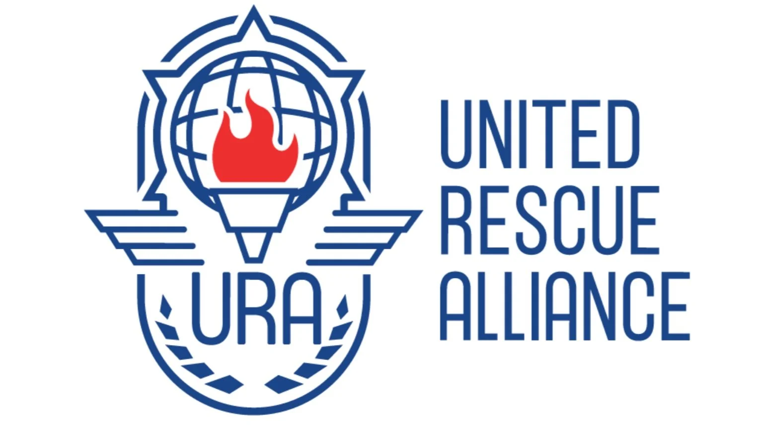 United Rescue, URA, Alliance logo featuring a stylized badge with a globe and red flame.