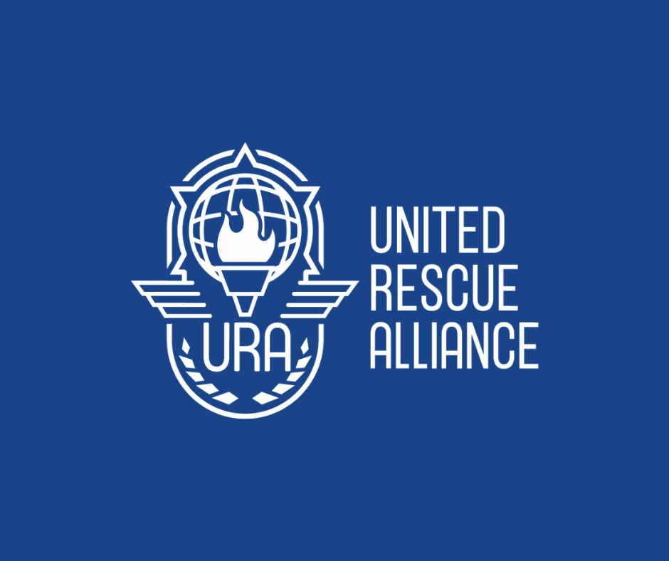 Logo of the United Rescue Alliance featuring a flame, globe, and stylized wings on a blue background with the acronym 'URA' and the organization's name.