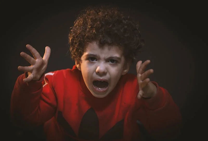 Angry toddler in red sweater screaming