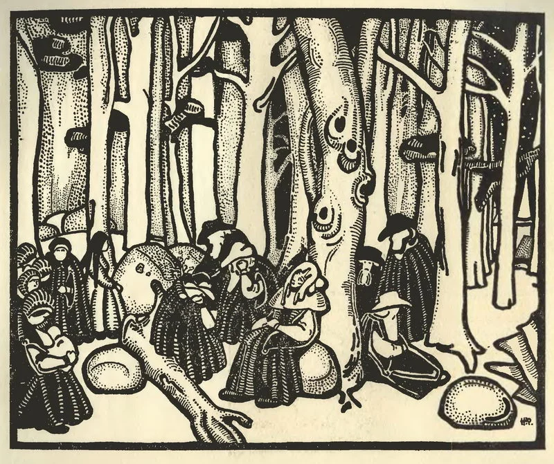 A depiction of the blind characters waiting in the forest by Nicholas Roerich (1906).
