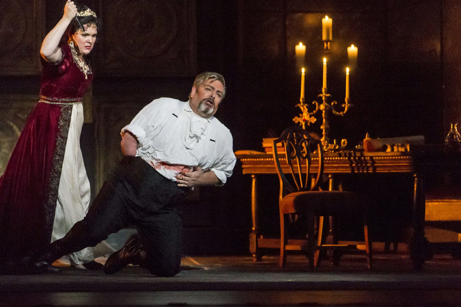 Evelina Dobraceva as Floria Tosca and Weston Hurt as Scarpia in Tosca at Tulsa Opera (2017). Photo by Shane Bevel. 