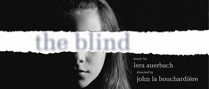 A poster for the 2013 performance. A black and white image of a woman's face, half of her face is obscured by shadow and her eyes are covered by a white strip with the words 'the blind' in a blurred font.