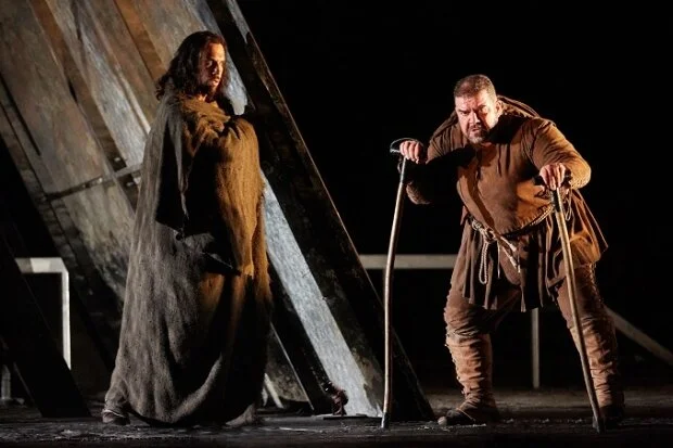 Andrea Mastroni as Sparafucile and Dimitri Platanias as Rigoletto in Rigoletto (Royal Opera House, 2016) Photograph by Mark Douet.