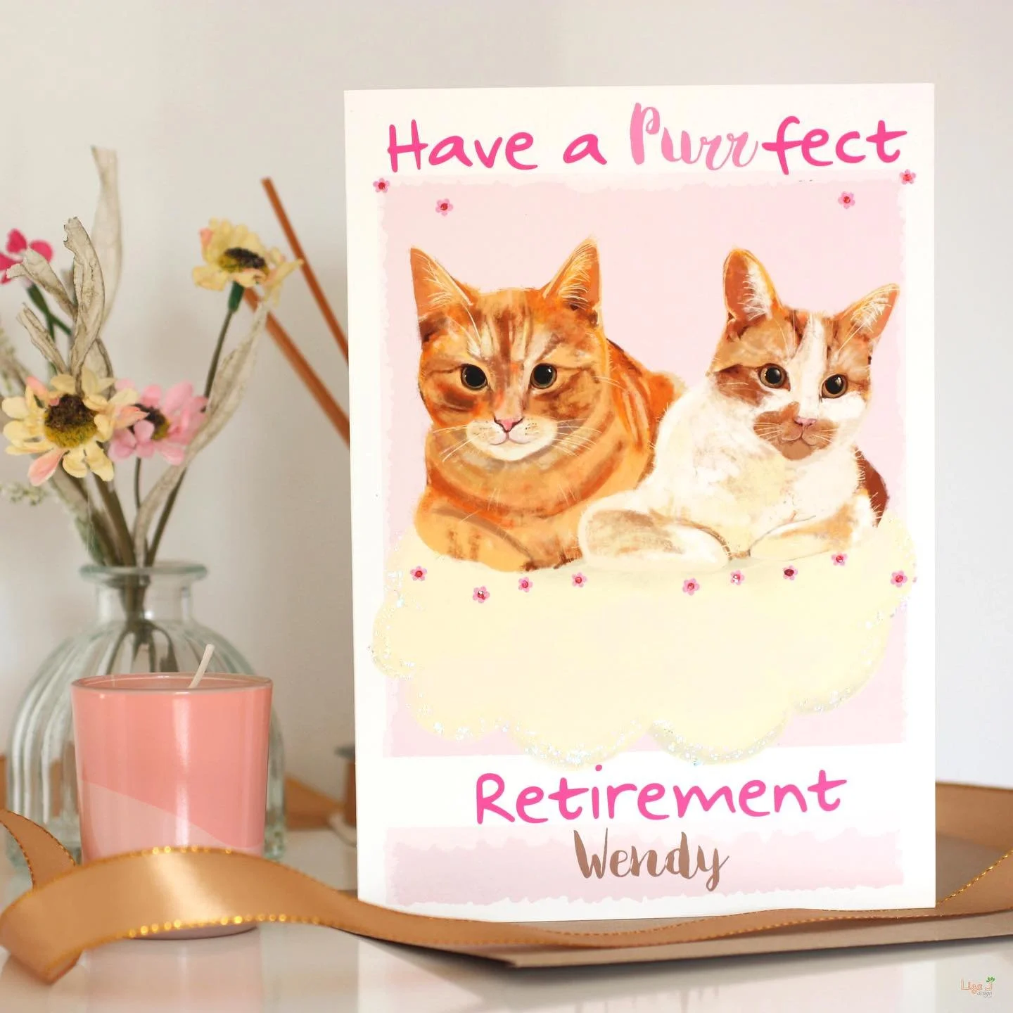 Recently I was commissioned to design a retirement card for a lovely lady, Wendy: The brief, she will now be able to enjoy the company of her cats Jasper &amp; Cumin. A photo was supplied and the cats were freehand digitally drawn and then edited in 