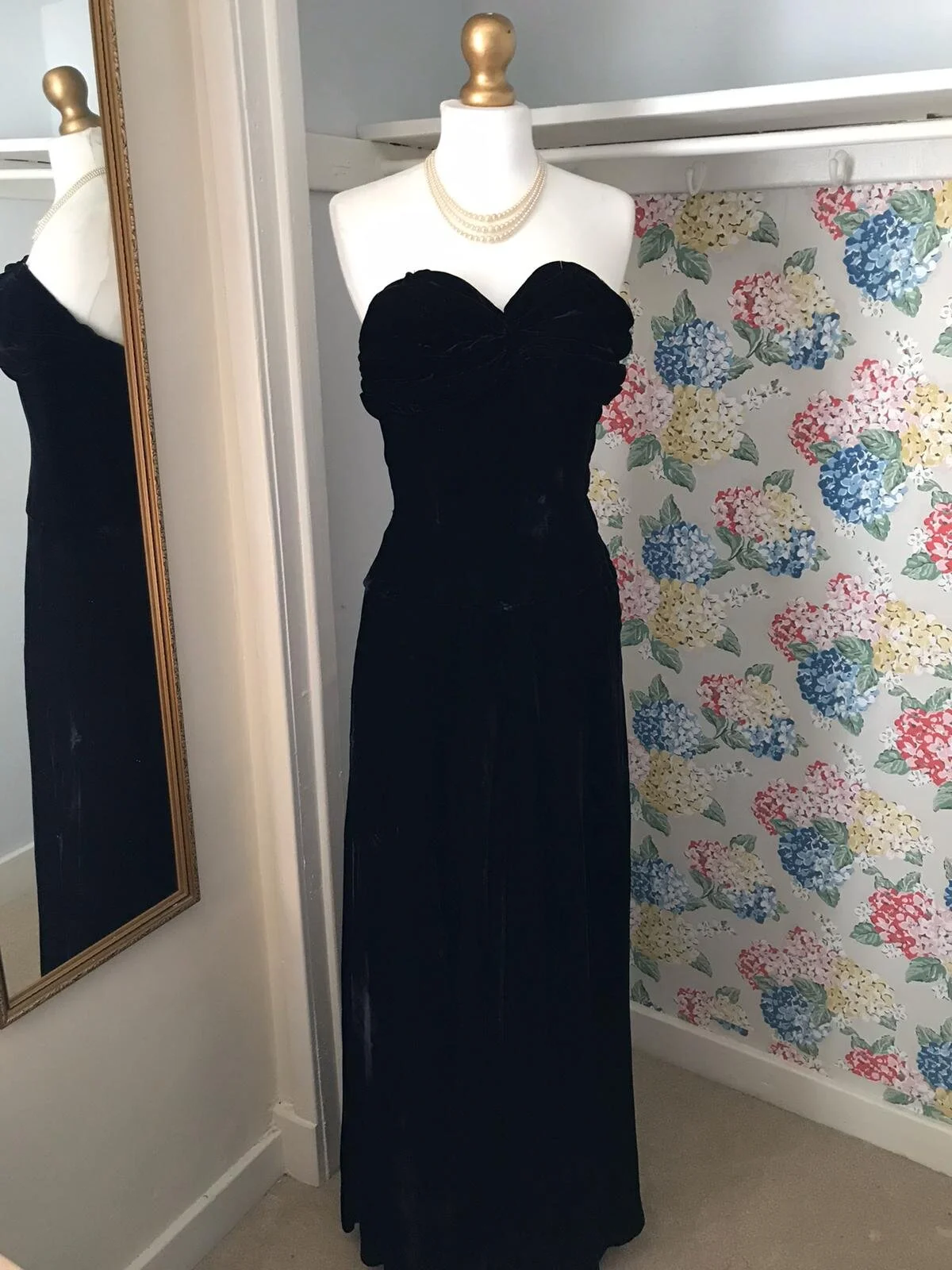 strapless black velvet evening gown