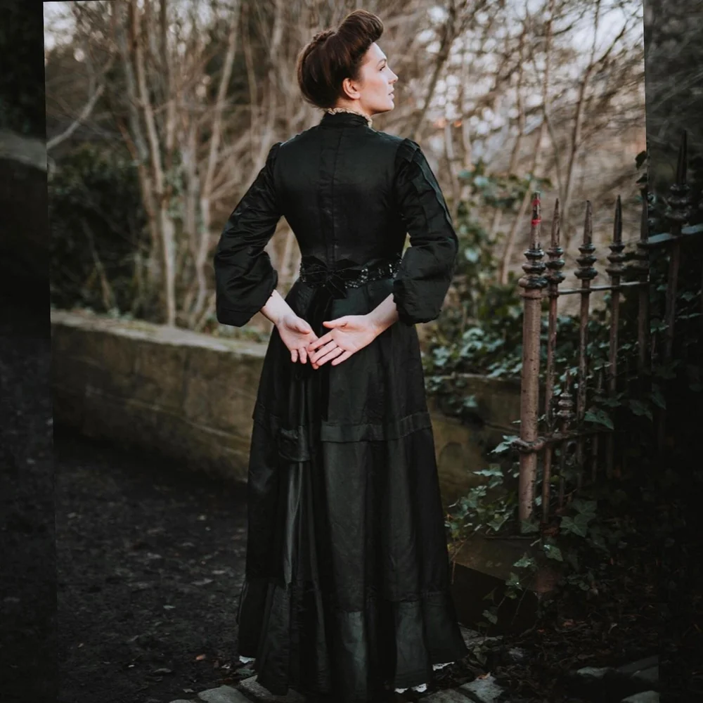 edwardian black dress Black Velvet Lace Ruffles Edwardian Revival Dress, Black / L
