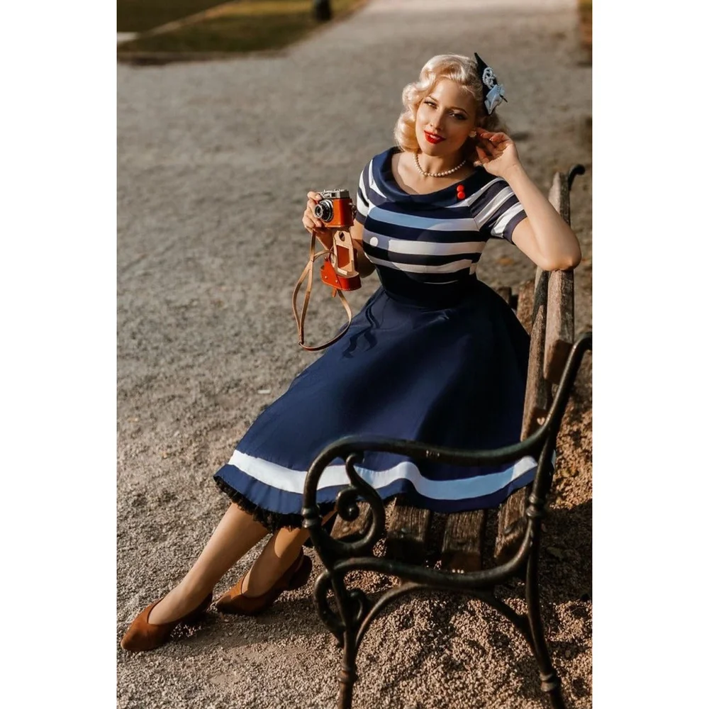 Darlene Nautical Striped Swing Dress - Navy & White - Dolly & Dotty   Vintage Quine