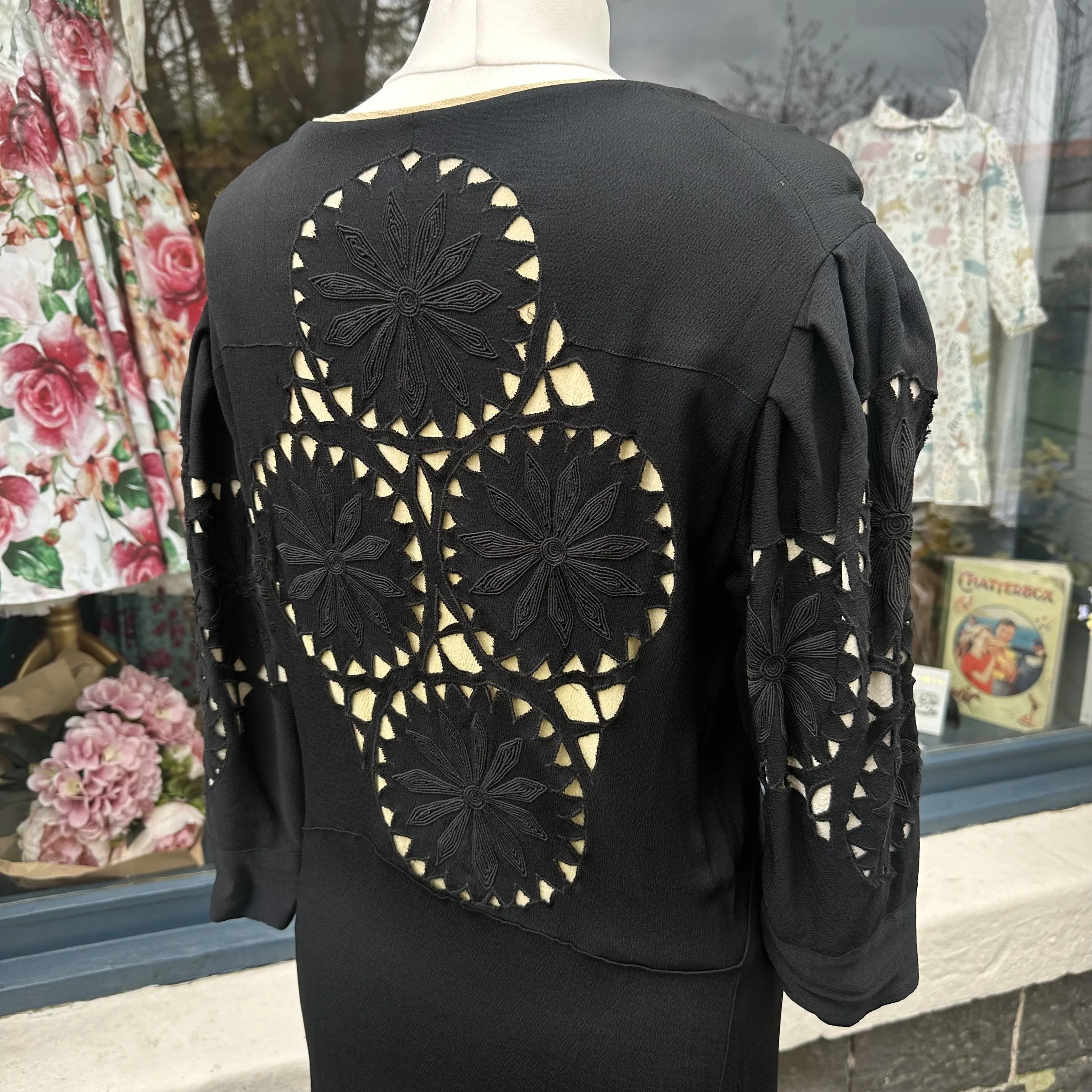 Rare 1930’s “Daisy” Cut Out Detail Bias Cut Black Crepe Evening Gown