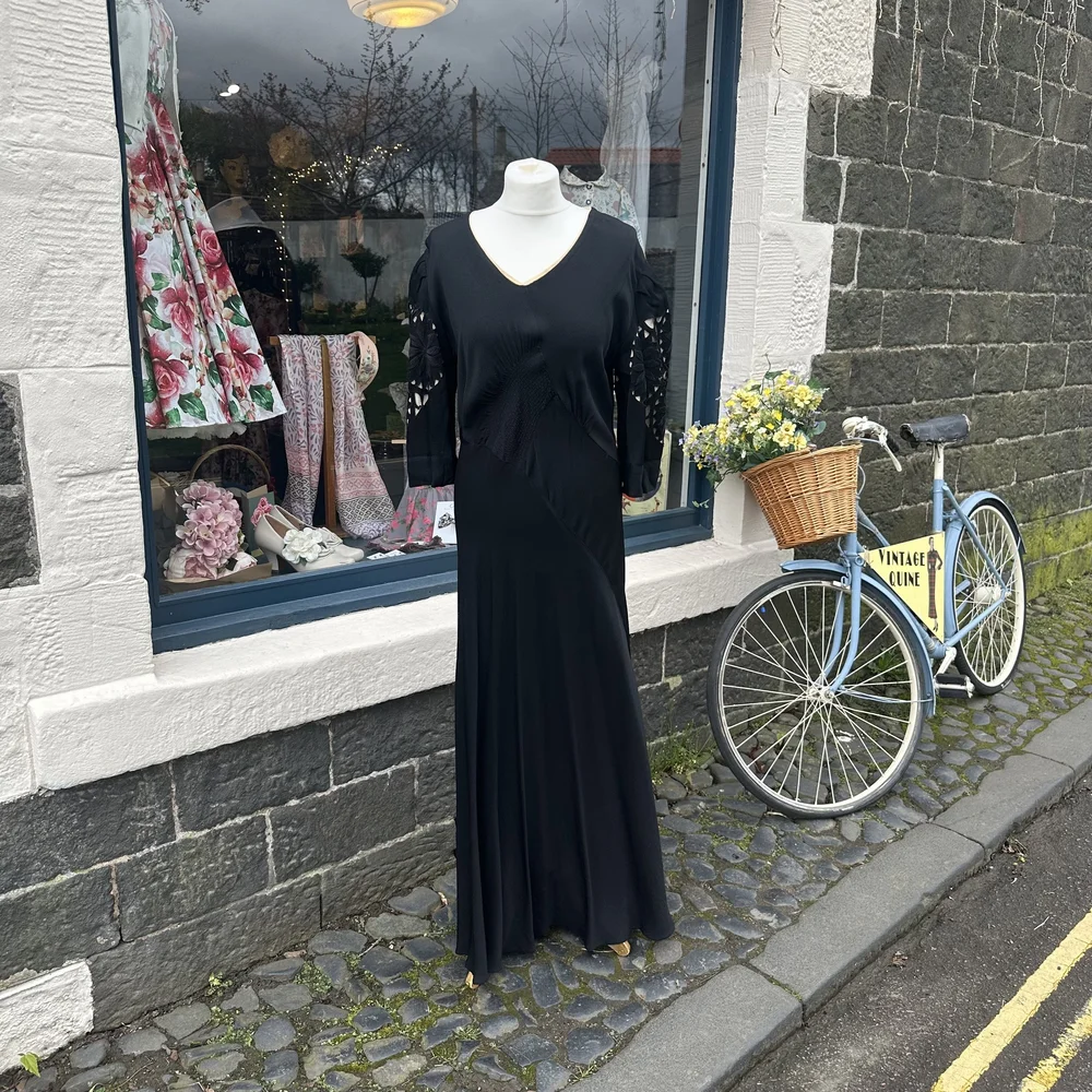 sachin and babi light blue dress Vintage 1930s Black Silk Crepe Evening Dress Gown Fringe Trim Pretty . For  Sale at Ruby Lane main image 1