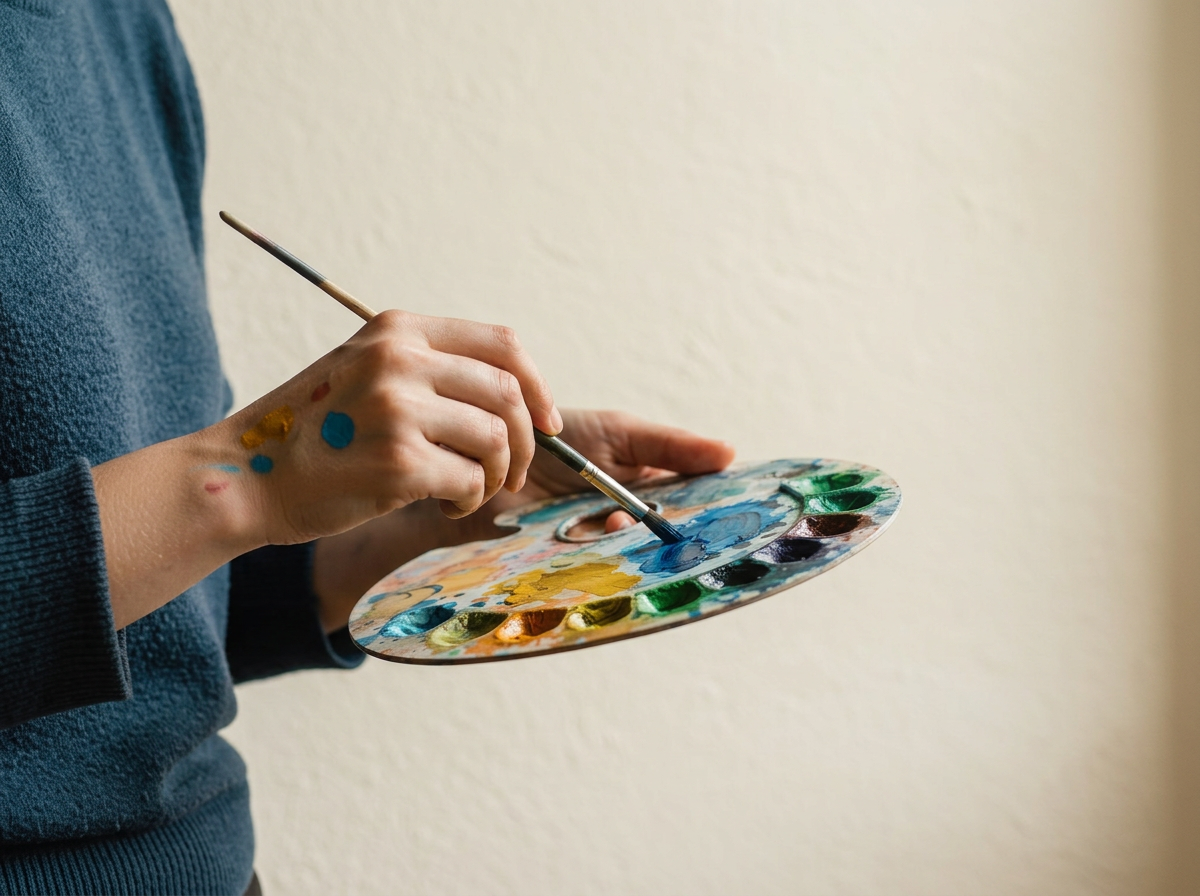 Person holding a paintbrush and palette, working on a painting