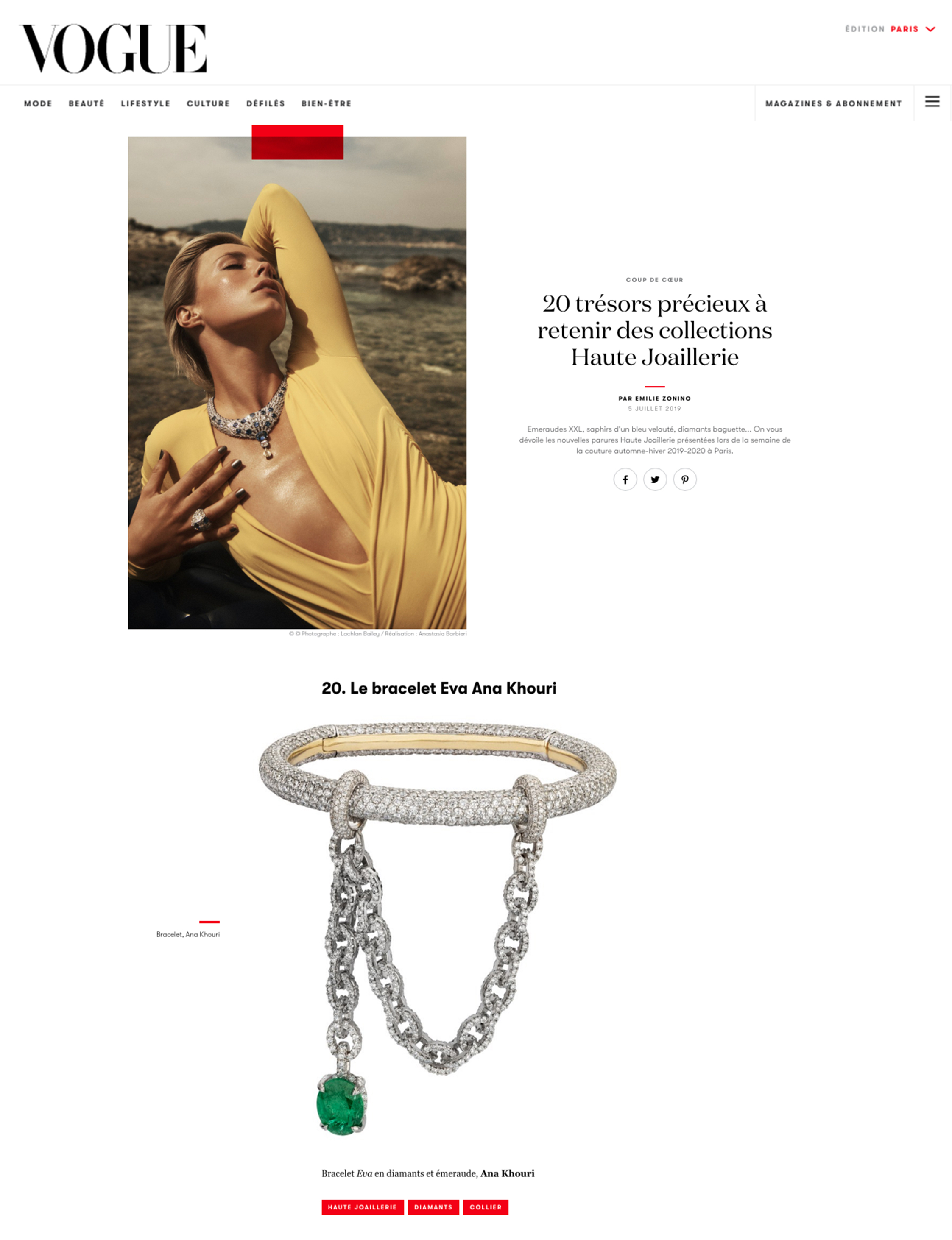 Vouge.fr July 5, 2019 Diamond and Emerald Eva Bracelet.jpg