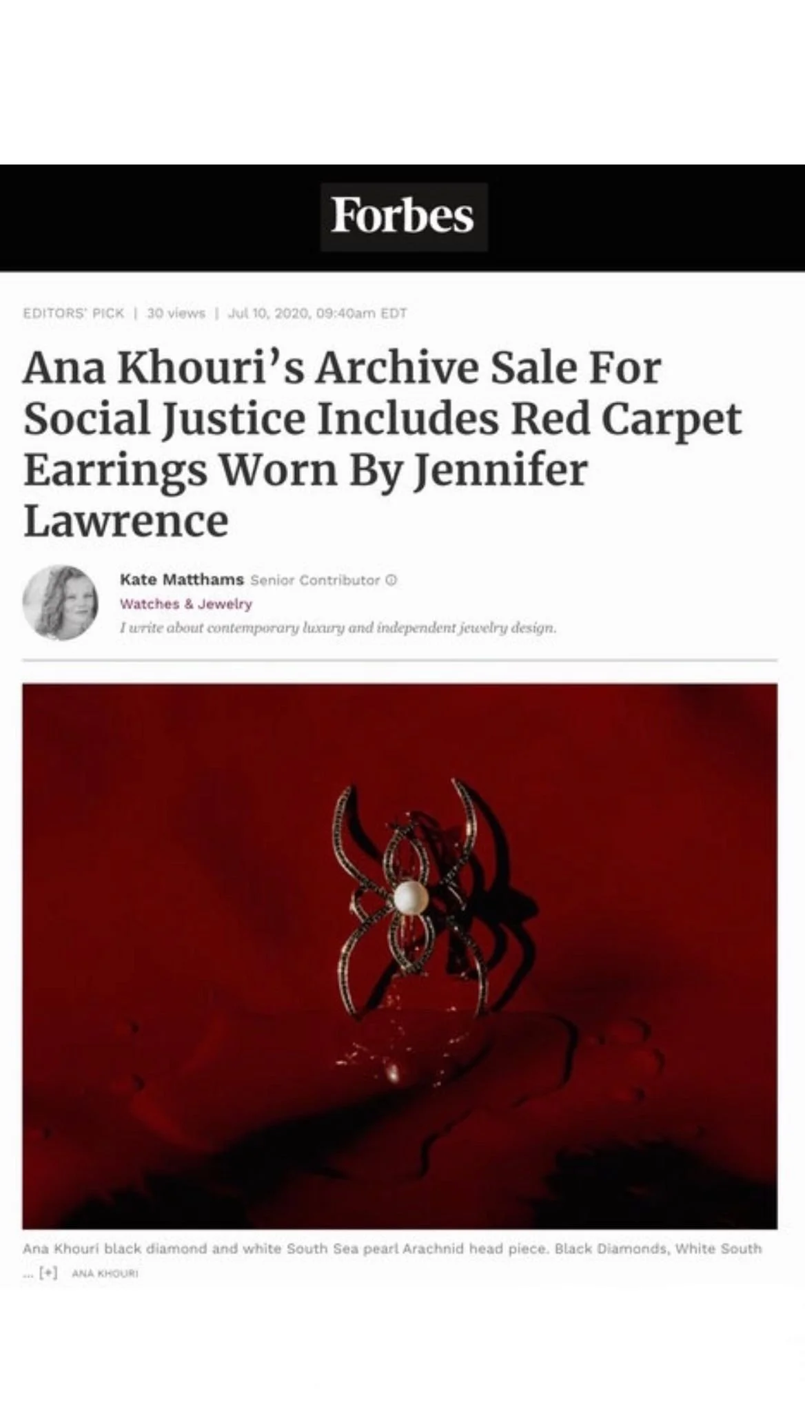 Forbes.com | Ana Khouri's Archive Sale For Social Justice Includes Red Carpet Earrings Worn By Jennifer Lawrence