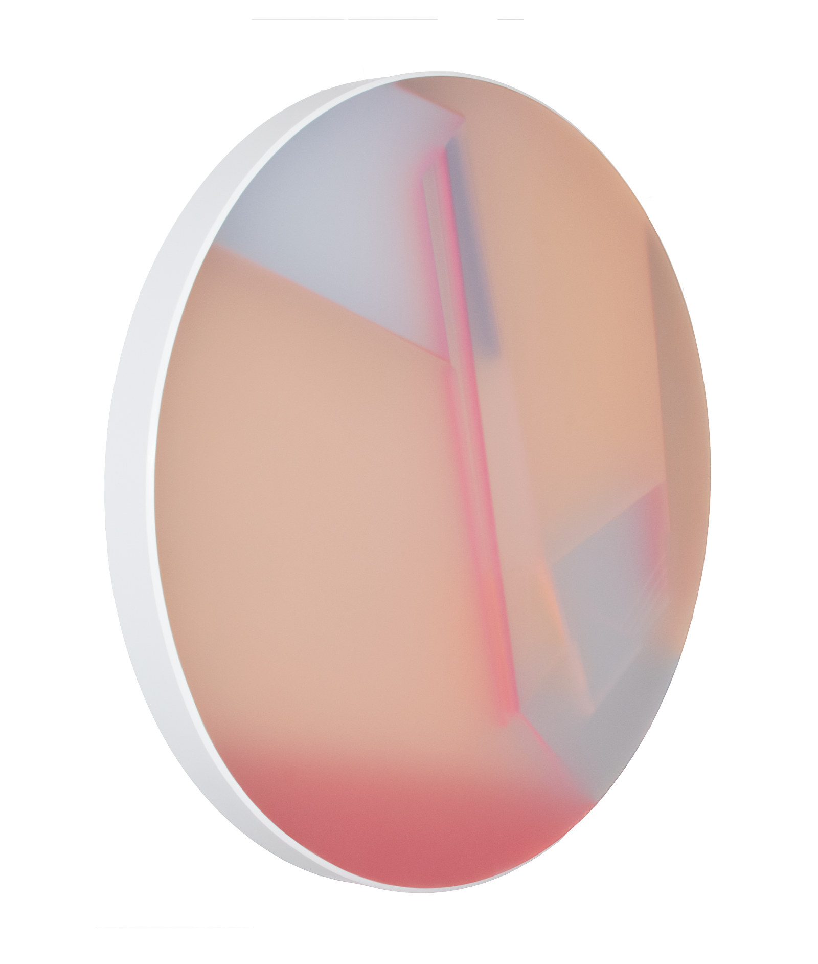 Entitled Ivory Valence Three (2017), this 32” diameter acrylic and acrylic glass sculpture explores ideas around diffusion and opacity. An added element is the circular construction.