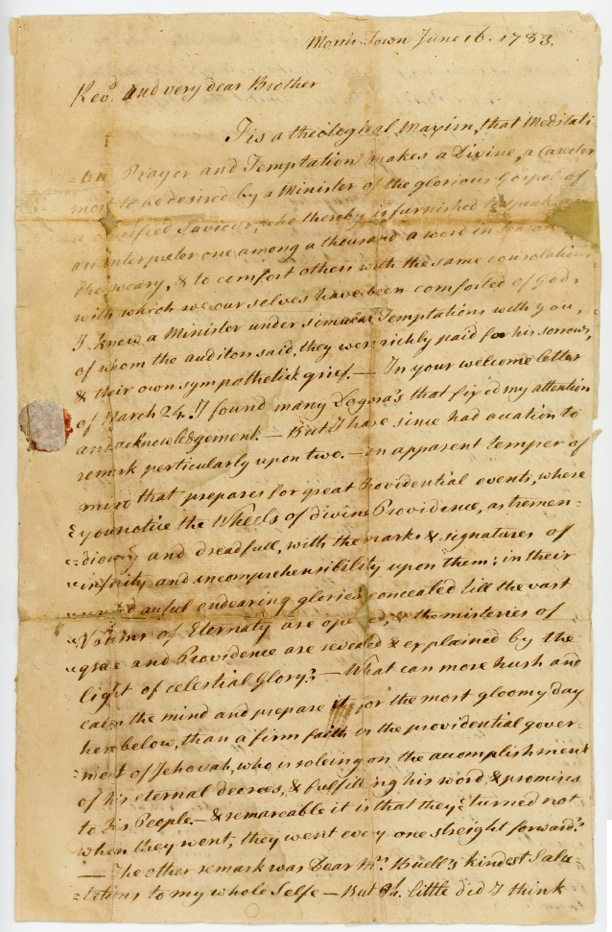 Rev. Samuel Buell Letter to Rev. Timothy Johnes June 16, 1783, p.1