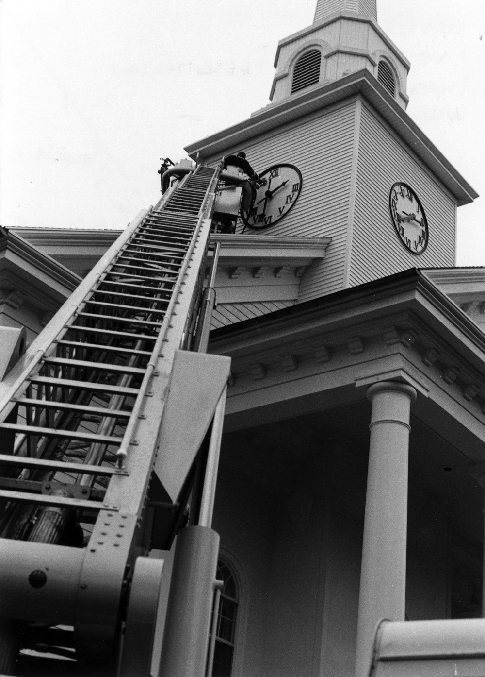 Firemen Replacing the Numbers on Presbyterian Church Clock, December 1984
