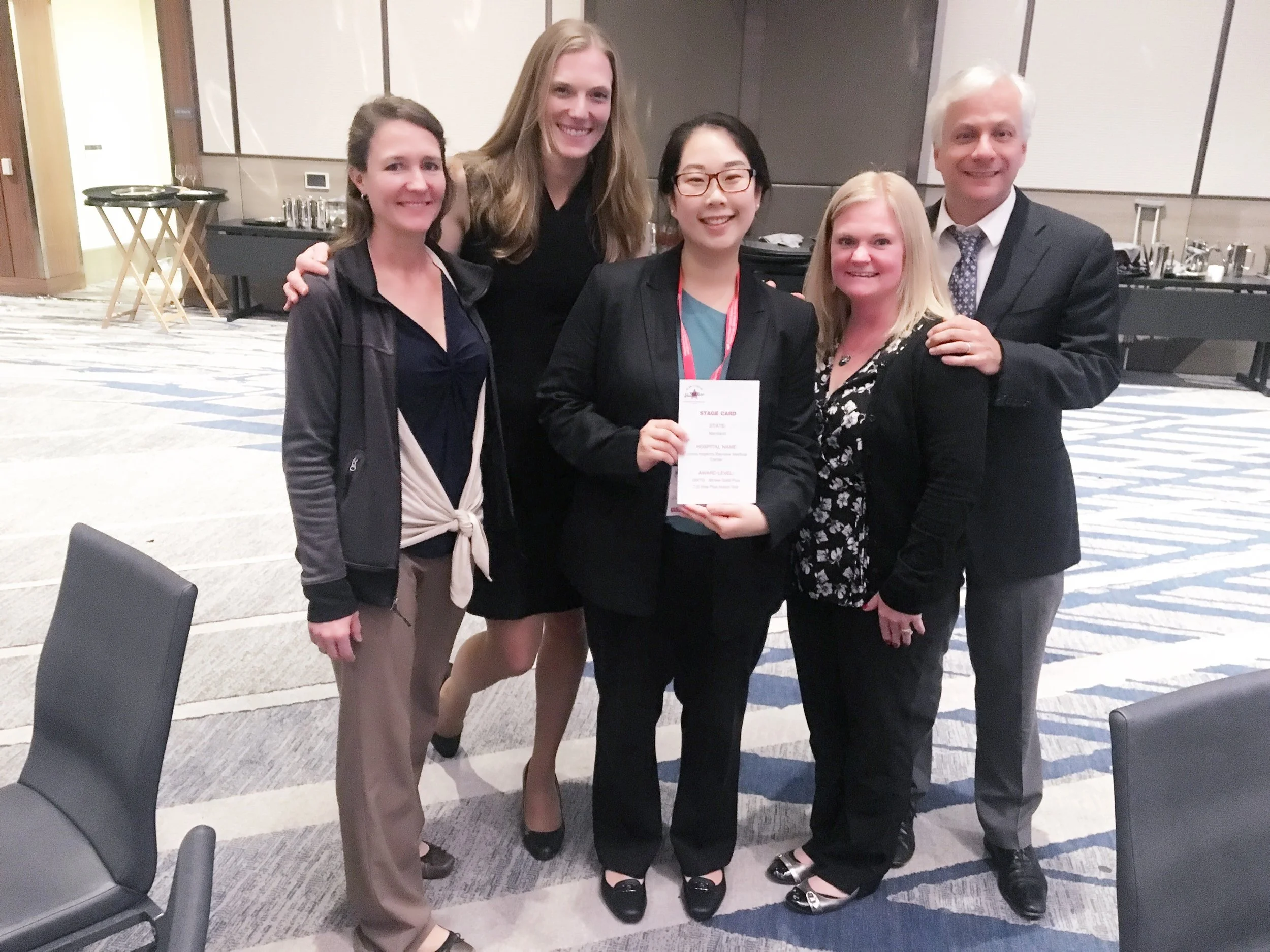 The Marsh lab representing Bayview at the 2018 International Stroke Conference's Quality Achievement Awards Dinner in Los Angeles. From left to right: Erin Lawrence, Dr. Marsh, Karen Chen, Dawn Merbach, and Dr. Llinas.