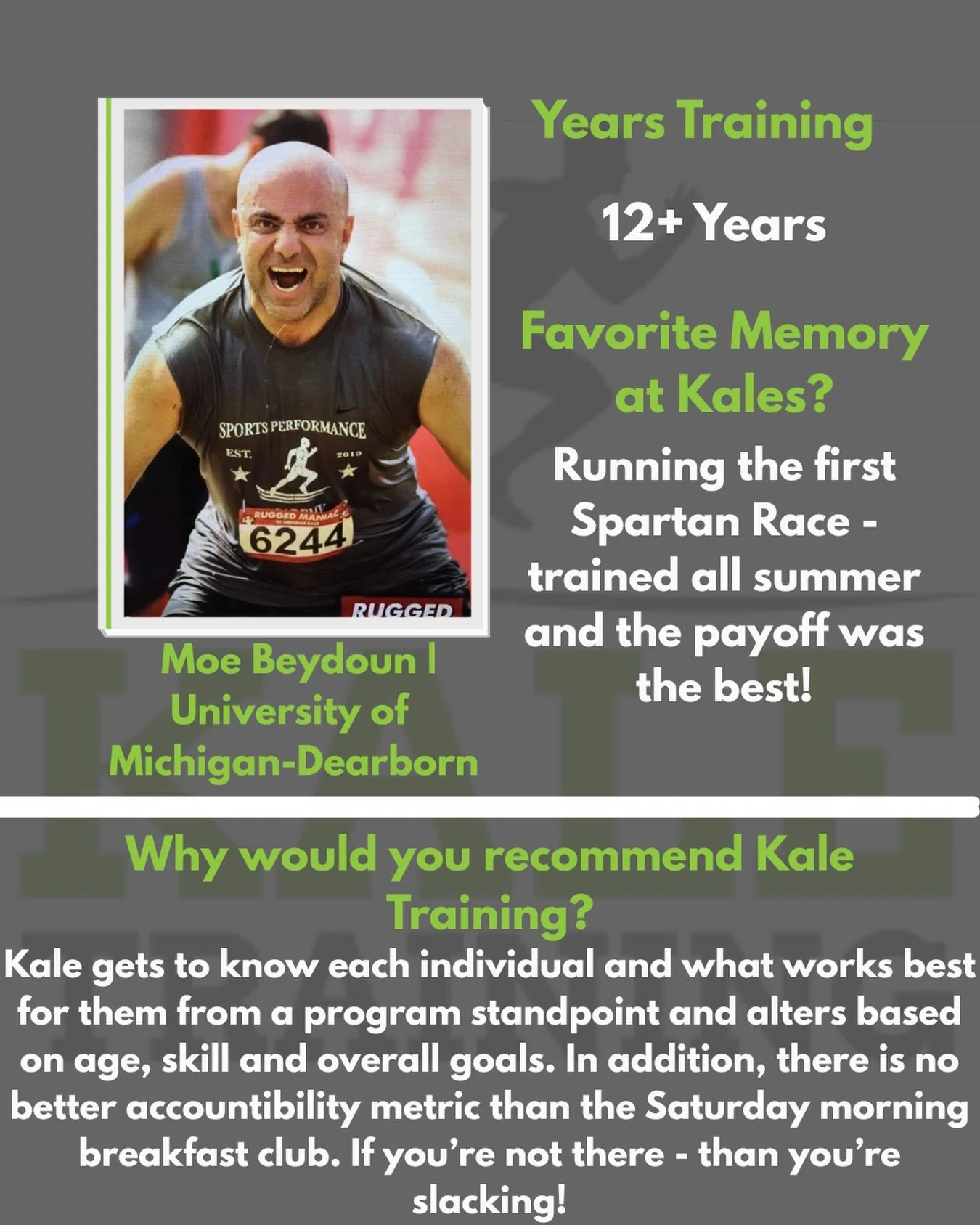 Athlete Spotlight | @maizeman97 

12+ years of puttin&rsquo; in work. ⚡️

Huge shoutout to Moe for being an absolute staple of the Kale Training family. From grinding all summer for that first Spartan Race to showing up for the Saturday Morning Break