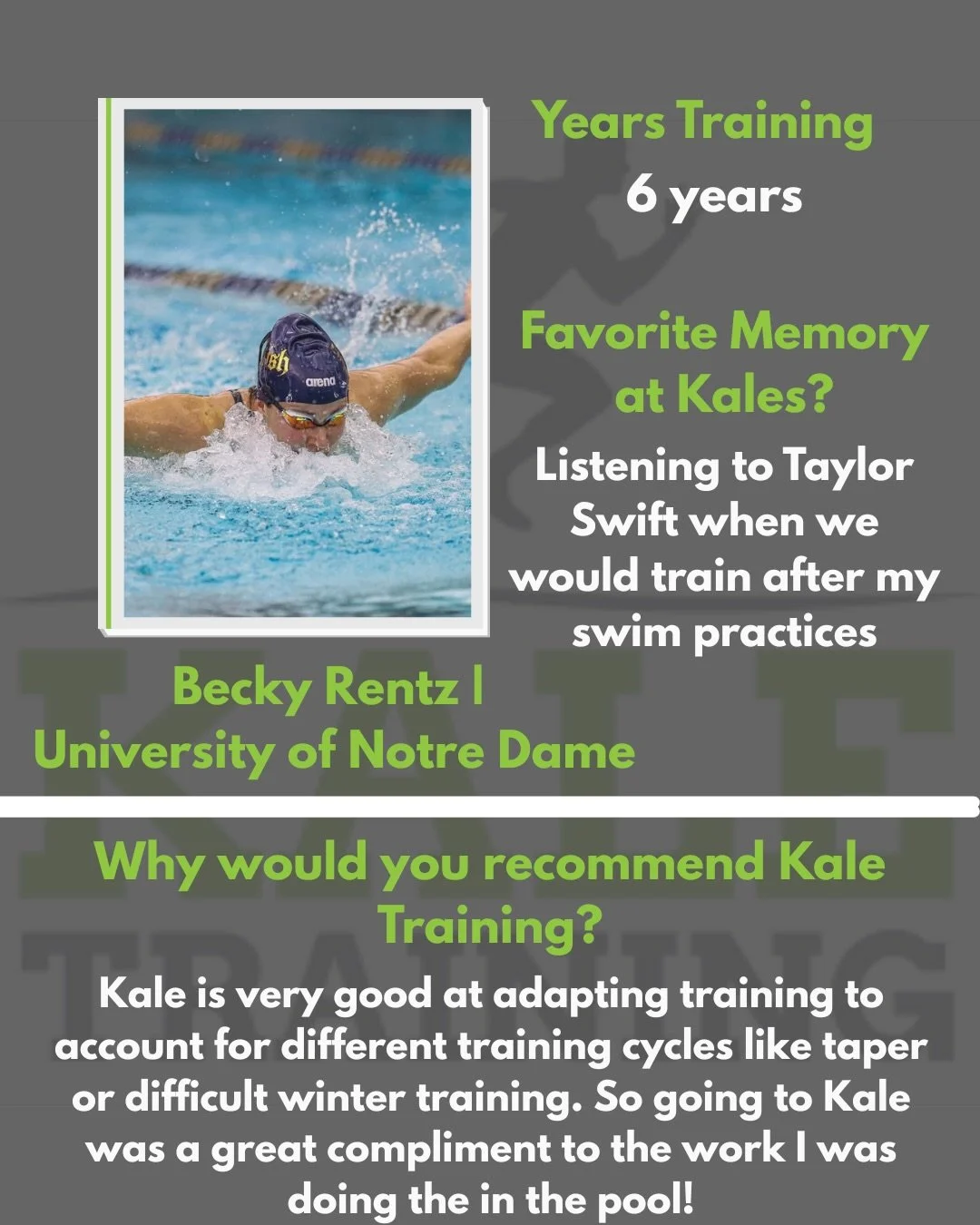 🚨 Athlete Spotlight: @rebecca.rentz1 🏊&zwj;♀️

From post-swim practice sessions blasting Taylor Swift to navigating taper phases and heavy winter training cycles, Becky has been a key part of the Kale Training family for the past 6 years⚡️💪

Adapt