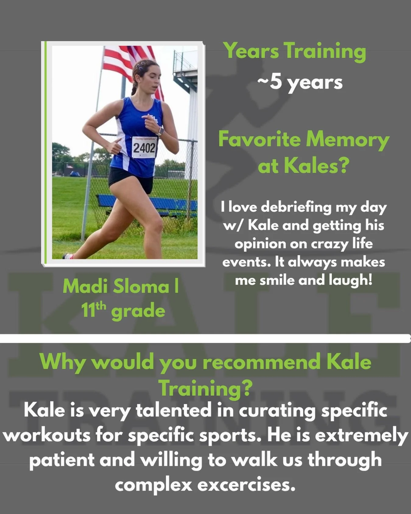 🚨Athlete Spotlight: Shoutout to @madi_grace64! 

🏃&zwj;♀️💨5 years of dedication, custom sport workouts, and plenty of laughs along the way. We love having you in the Kale Training family, Madi! 🙌🔥