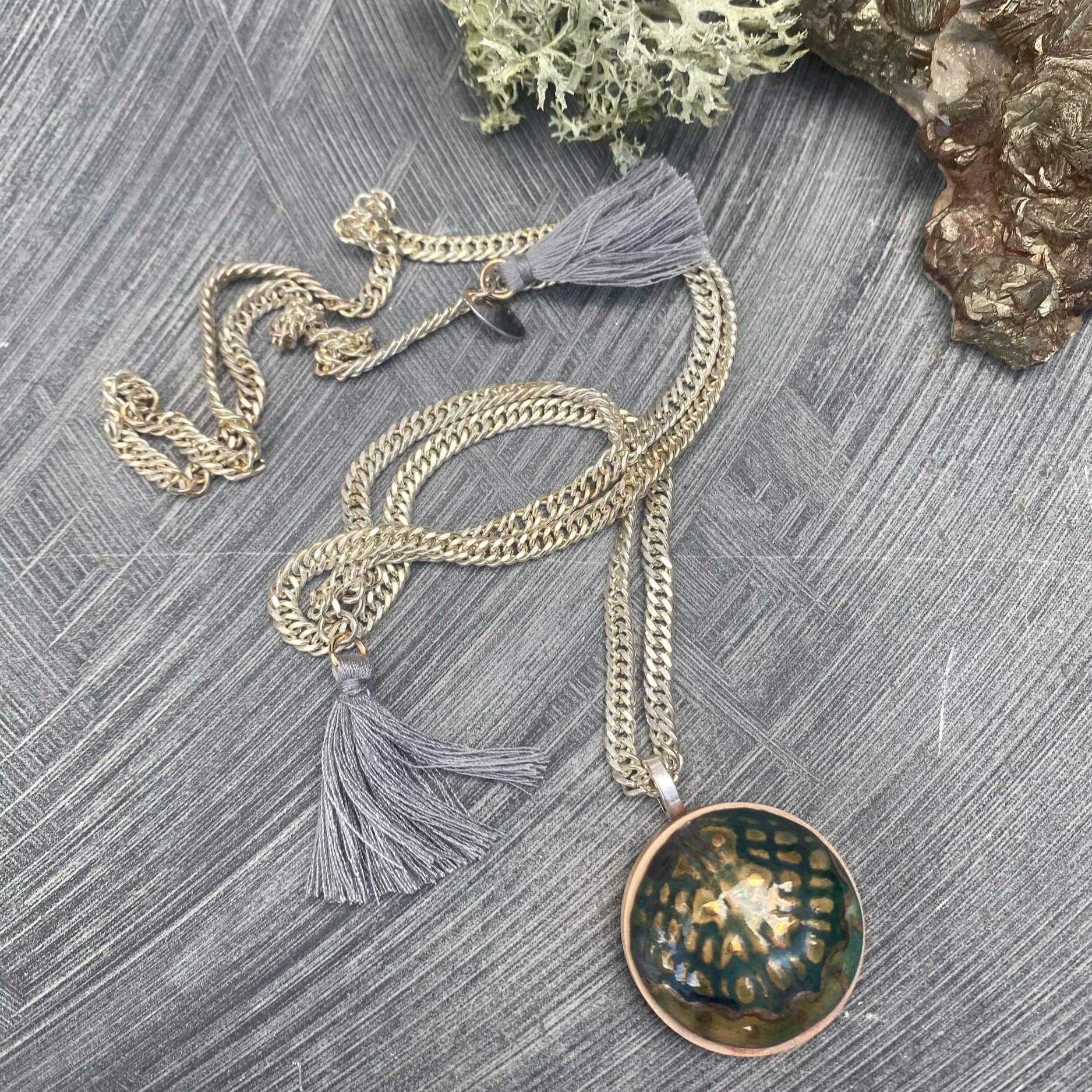 Ceramic Lace and Wood pendant necklace